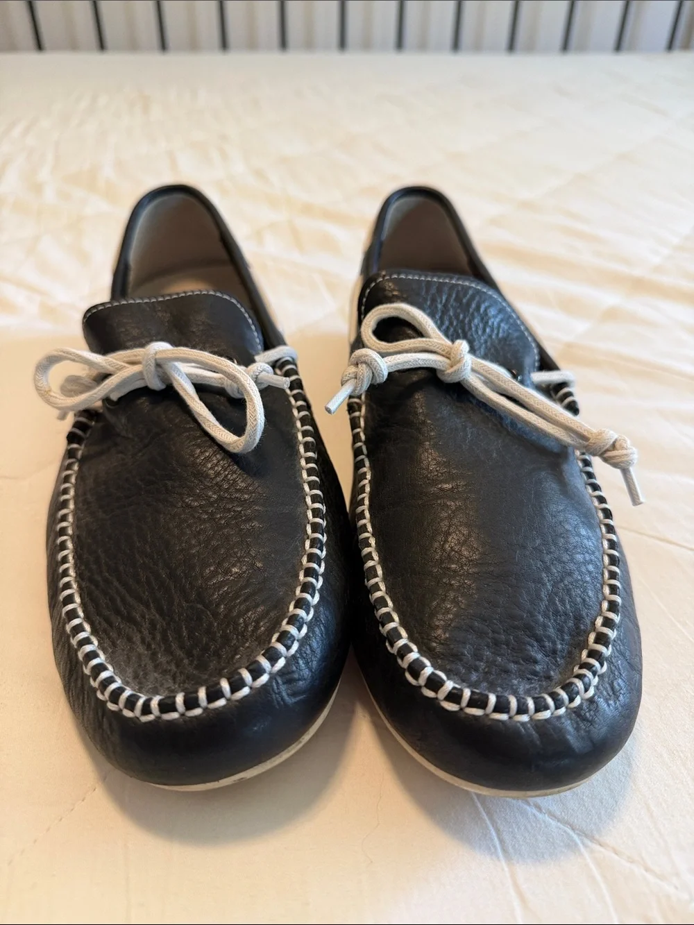 Cole Haan Black Leather Boat Shoes with White Laces